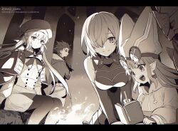 2boys 3girls aesc_(fate) aesc_(savior)_(fate) armor bare_shoulders book breasts campfire cu_chulainn_(fate) ector_(fate) fate/grand_order fate_(series) greyscale habetrot_(fate) hat large_breasts mash_kyrielight meiji_ken monochrome multiple_boys multiple_girls setanta_(fate) shirt short_hair signature twintails white_shirt