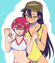 2girls amate_yuzuriha bikini black_hair collarbone couple dark-skinned_female dark_skin green_hat gundam gundam_gquuuuuux hat holding_hands interlocked_fingers long_hair looking_at_viewer multiple_girls navel numachi_doromaru nyaan_(gundam_gquuuuuux) one-piece_swimsuit open_mouth red_hair short_hair swimsuit white_bikini yellow_eyes yellow_one-piece_swimsuit yuri
