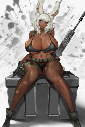 1girl animal_ear_fluff animal_ears bikini blue_eyes boots breasts cleavage combat_boots cosplay dark-skinned_female dark_skin final_fantasy front-tie_bikini_top front-tie_top gun gurimjang head_tilt highres large_breasts lipstick makeup medium_hair original pantyhose quiet_(metal_gear) quiet_(metal_gear)_(cosplay) rabbit_ears rabbit_girl revealing_clothes rifle scope sitting swimsuit torn_clothes torn_pantyhose viera warrior_of_light_(ff14) weapon white_hair