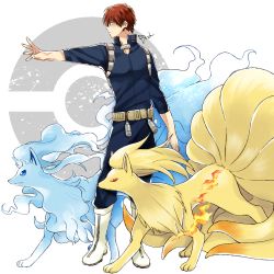 10s 1boy alolan_form alolan_ninetales bad_id bad_pixiv_id blue_bodysuit bodysuit boku_no_hero_academia boots creatures_(company) crossover dandel game_freak gen_1_pokemon gen_7_pokemon looking_to_the_side ninetales nintendo outstretched_arm poke_ball_symbol pokemon pokemon_(creature) red_hair signature todoroki_shouto white_footwear