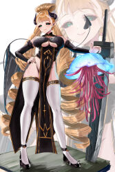 1girl absurdres black_dress black_footwear black_horns black_nails black_sclera black_sleeves blonde_hair breasts china_dress chinese_clothes closed_mouth clothing_cutout colored_sclera commission covered_navel demon_girl demon_horns demon_tail demon_wings detached_sleeves dress drill_hair earrings eyelashes fur-trimmed_sleeves fur_trim green_eyes hand_on_own_hip highres horns jellyfish jewelry large_breasts long_hair original pelvic_curtain pixiv_commission pointy_ears rossy_(yowayowachimpo) sleeveless sleeveless_dress smile tail thighhighs underboob_cutout very_long_hair white_thighhighs wings