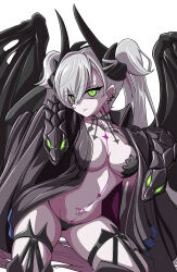 1girl absurdres black_cloak black_hands black_panties black_thighhighs body_markings breasts choker cloak colored_extremities crossed_bangs demon_girl demon_horns demon_wings ear_piercing fate/grand_order fate_(series) green_eyes grey_hair hair_between_eyes highres horns lilith_(fate) lilith_(second_ascension)_(fate) long_hair looking_at_viewer medium_breasts nanziwakamika23 navel panties piercing pointy_ears shaded_face solo stomach_tattoo tattoo thighhighs thighs twintails underwear very_long_hair wings