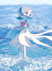 absurdres blurry blurry_background clothes_lift colored_skin dress dress_lift flower full_body gardevoir gen_3_pokemon green_hair green_skin highres multicolored_skin nintendo no_feet outdoors pokemon pokemon_(creature) red_eyes red_skin rongai28 smile solo white_dress white_skin