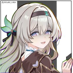 1girl brown_jacket chisaka_raku collared_shirt firefly_(honkai:_star_rail) frilled_shirt_collar frills gradient_eyes gradient_hair grey_hair hair_between_eyes hair_intakes hair_ornament hair_ribbon highres honkai:_star_rail honkai_(series) jacket long_hair multicolored_eyes multicolored_hair open_mouth partially_shaded_face ribbon shirt simple_background smile solo twitter_username two-tone_background two-tone_eyes white_shirt