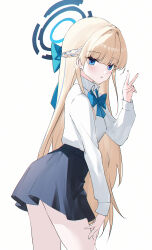 1girl absurdres aqua_bow aqua_bowtie blonde_hair blue_archive blue_eyes blue_skirt blush bow bowtie braid hair_bow half_up_braid halo highres long_hair long_sleeves looking_at_viewer looking_to_the_side miniskirt official_alternate_costume school_uniform shirt simple_background skirt solo thighs toki_(blue_archive) toki_(school_uniform)_(blue_archive) usagi_(786113654) v very_long_hair white_background white_shirt