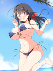 Rule 34 | 1girl, :d, bare arms, bare legs, barefoot, bikini, black bikini, black hair, blue sky, breasts, cloud, commentary request, covered erect nipples, dated, day, deego (omochi bazooka), hair ribbon, highres, horizon, large breasts, long hair, looking at viewer, ocean, open mouth, original, outdoors, purple eyes, ribbon, side-tie bikini bottom, signature, sky, smile, solo, string bikini, swimsuit, toes, yura kanade