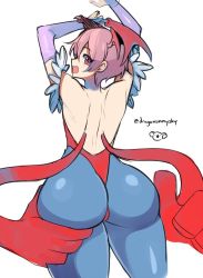 1girl ass bridal_gauntlets d-ryuu demon_wings elbow_gloves gloves grabbing_own_ass head_wings huge_ass leotard lilith_(darkstalkers) looking_at_viewer looking_back open_mouth pink_eyes pink_hair short_hair shoulder_blades smile solo darkstalkers wings