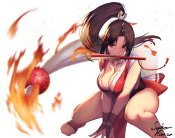 1girl artist_name biting breasts brown_eyes brown_hair cleavage fatal_fury fire hand_fan high_ponytail hinoru_saikusa ponytail revealing_clothes shiranui_mai solo white_background