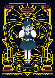 Rule 34 | 1boy, 2girls, black background, blue eyes, blue hair, blue skirt, book, collared shirt, commentary request, copyright name, crown, eye symbol, frilled shirt, frills, fukurai azami, full body, glasses, hands on eyewear, hands up, hanekura poco, highres, jasmine (toshi densetsu kaitai center), limited palette, long sleeves, looking at viewer, meguriya ayumu, multiple girls, open book, profile, salute, shirt, short hair, skirt, smile, standing, toshi densetsu kaitai center, two-finger salute, white shirt