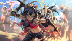 1girl 2boys abs armlet armpits asymmetrical_pants battle belt bent_over black_gloves black_hair black_pants blindfold blue_eyes blue_sky claymore_(sword) cloud cloudy_sky colored_inner_hair commentary_request dehya_(genshin_impact) depressed dessert elbow_gloves eremite_daythunder_(genshin_impact) eremite_sunfrost_(genshin_impact) fighting_stance fingerless_gloves food genshin_impact gloves greatsword hair_between_eyes highres holding holding_polearm holding_sword holding_weapon jewelry long_hair looking_at_another looking_away mask mouth_mask multicolored_hair multiple_boys navel pants polearm shirakawafel sidelocks sky sleeveless stomach sword two-tone_hair vision_(genshin_impact) weapon