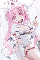 1girl absurdres bandaged_arm bandages bandaid bandaid_on_arm bandaid_on_cheek bandaid_on_chest bandaid_on_face belt belt_collar black_bandaid black_panties black_ribbon blush breasts ceiling chest_sarashi choker collar collarbone covered_navel curtains demon_tail demon_wings dress earrings fingernails hair_ornament hair_ribbon hairclip halo hat heart heart_collar heart_hair_ornament heart_o-ring highres holding holding_syringe indoors infirmary intravenous_drip iv_stand jewelry long_hair looking_at_viewer nail_polish nurse nurse_cap o-ring o-ring_thigh_strap original panties pill_hair_ornament pink_bandaid pink_belt pink_choker pink_collar pink_eyes pink_hair pink_halo pink_nails ribbon sarashi short_sleeves single_earring solo sweat syringe tail thigh_strap thighhighs thighs tile_ceiling tiles twintails underwear white_dress white_thighhighs wings yulha_06