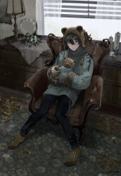 1boy absurdres animal_hat bear_hat black_pants blue_eyes blue_sweater candle carpet chair ensemble_stars! full_body fur-trimmed_sleeves fur_trim grey_hair hands_up hat heterochromia highres holding holding_stuffed_toy indoors jiz_(pffbq) kagehira_mika lamp long_sleeves looking_at_viewer male_focus pants pigeon-toed short_hair sitting socks solo striped_clothes striped_socks stuffed_animal stuffed_toy sweater teddy_bear turtleneck turtleneck_sweater window window_blinds yellow_eyes