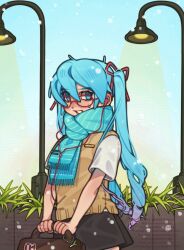 1girl alternate_universe aqua_eyes aqua_hair aqua_scarf bag black_skirt blush glasses hair_between_eyes hair_ribbon hatsune_miku headphones highres holding holding_bag lamppost long_hair mikashiyaaa parted_lips red_ribbon ribbon scarf shirt short_sleeves skirt solo sweatdrop sweater_vest twintails upper_body vocaloid white_shirt yellow_sweater_vest