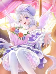 Rule 34 | 1girl, ;d, absurdres, angel wings, ayatsuno yuni, bare shoulders, beret, bouquet, choker, commentary request, dress, feathered wings, feet out of frame, flower, frilled choker, frills, hat, hayo (dydgk6664), highres, holding, holding bouquet, horns, korean commentary, long hair, long sleeves, looking at viewer, off-shoulder dress, off shoulder, one eye closed, open mouth, pantyhose, purple eyes, purple hat, rose, single horn, smile, solo, sparkling eyes, stellive, very long hair, virtual youtuber, white hair, white pantyhose, wings