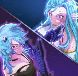 2girls akeno(itsnafulol) blue_hair breasts bruise bruise_on_face capella_emerada_lugnica_(cosplay) cuts domain_expansion dragon_claw fang frankino glowing glowing_eyes hair_between_eyes hair_ornament halo hand_signs huge_breasts injury japanese_(nationality) jujutsu_kaisen multiple_girls no_game_no_life parody pink_eyes re:zero_kara_hajimeru_isekai_seikatsu scales slit_pupils textless_version