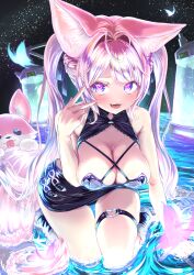 1girl absurdres animal_ears antenna_hair bare_shoulders belt black_belt black_dress black_ribbon blue_butterfly blush braid breasts bug butterfly cleavage commentary_request dress fangs fingernails hair_ribbon hakui_koyori hakui_koyori_(dark_maid) heart heart_in_eye heart_o-ring highres hololive insect kneeling kokoro_(hakui_koyori) large_breasts long_hair looking_at_viewer multicolored_eyes nail_polish o-ring o-ring_thigh_strap open_mouth pink_butterfly pink_eyes pink_hair pink_nails revision ribbon see-through_butterfly sky smile star_(sky) starry_sky stasis_tank syam_illust symbol_in_eye tail thigh_strap thighs tongue twintails two-tone_eyes v virtual_youtuber water wolf_ears wolf_girl wolf_tail