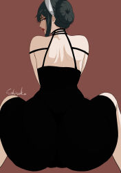 1girl absurdres artist_name ass back bare_shoulders black_dress commentary dress hairband highres long_sidelocks looking_at_viewer mature_female red_background red_eyes red_lips sekineko sidelocks solo spy_x_family white_hairband yor_briar