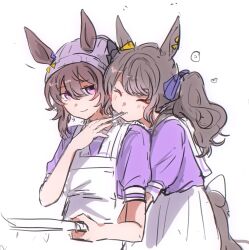 Rule 34 | 2girls, ^ ^, animal ears, apron, beanie, blue ribbon, blush, brown hair, brown tail, chopsticks, closed eyes, closed mouth, commentary, ear ornament, ears through headwear, feeding, front-to-back, grey hat, hair between eyes, hair ribbon, hand up, hat, heads together, highres, holding, holding chopsticks, horse ears, horse girl, horse tail, jitome, multiple girls, nakayama festa (umamusume), puffy short sleeves, puffy sleeves, purple eyes, purple shirt, ribbon, roroko momo, sailor collar, sailor shirt, school uniform, shirt, short sleeves, skirt, smile, summer uniform, symbol-only commentary, tail, tosen jordan (umamusume), tracen school uniform, twintails, umamusume, white apron, white skirt