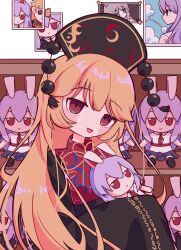 1girl animal_ears black_dress black_headwear black_jacket blonde_hair blow blue_skirt blue_sky blush bow bowtie carrot carrot_pin character_doll chinese_clothes cloud crown doll dress fumo_(doll) highres holding holding_doll holding_toy hugging_doll hugging_object jacket junko_(touhou) long_hair long_sleeves meonjiuikkum necktie open_mouth phoenix_crown photo_(object) pleated_skirt purple_hair rabbit_ears red_eyes red_necktie red_tabard reisen_udongein_inaba shelf skirt sky sleeves_past_fingers sleeves_past_wrists stuffed_toy tabard tape touhou toy very_long_hair wide_sleeves yellow_bow