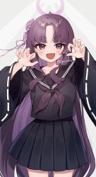 Rule 34 | 1girl, aged down, blue archive, blush, fang, flower, grin, hair flower, hair ornament, halo, highres, hime cut, kaminari kinenbi, long hair, neckerchief, open mouth, pleated skirt, purple eyes, purple hair, purple halo, purple sailor collar, ribbon-trimmed sleeves, ribbon trim, sailor collar, school uniform, serafuku, skirt, smile, wide sleeves, yukari (blue archive)