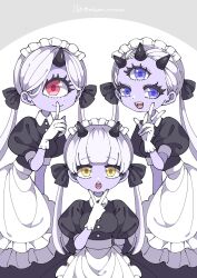 3girls apron arched_bangs artist_name atann_nnata bangs_pinned_back black_bow black_dress black_horns blue_eyes blue_skin bow breasts buttons child closed_mouth colored_skin commentary cone_horns cyclops dated dress fangs finger_to_mouth fingers_to_cheeks frilled_apron frills gloves hand_up highres horns index_finger_raised long_dress long_hair low_twintails maid maid_headdress multiple_girls one-eyed oni open_mouth original parted_bangs puffy_short_sleeves puffy_sleeves red_eyes shirt short_sleeves simple_background single_horn small_breasts smile standing third_eye twintails twitter_username v w waist_apron white_apron white_gloves white_shirt yellow_eyes