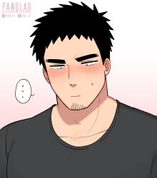 ... 1boy absurdres black_hair blush facial_hair goatee goatee_stubble highres male_focus mature_male muscular muscular_male panqlao senpai_ga_uzai_kouhai_no_hanashi shirt short_hair solo spoken_ellipsis stubble takeda_harumi thick_eyebrows