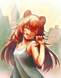 1girl :d animal_ears armpit_crease bare_shoulders blush breasts brown_hair closed_eyes collarbone facing_viewer hair_between_eyes hand_up hashtag-only_commentary highres long_hair messy_hair open_mouth oretekiya raccoon_ears raccoon_girl raphtalia small_breasts smile solo tank_top tate_no_yuusha_no_nariagari town white_tank_top