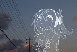 1girl a.i._voice adachi_rei closed_mouth cloud evening jacket lineart one_side_up open_clothes open_jacket outdoors photo_background power_lines smile sn_(sn_utu00) solo upper_body utau