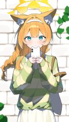 1girl bag blue_archive blue_eyes blush brick_wall casual cellphone_photo highres ivy mari_(blue_archive) shadow shirt shoulder_bag skirt solo striped_clothes striped_shirt sukasusu_51te