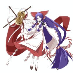 1girl absurdly_long_hair bell black_undershirt blunt_ends bow chihaya_(clothing) closed_mouth commentary detached_sleeves foul_detective_satori frilled_bow frilled_hair_tubes frills full_body fuyuakatsuki_00 gensokyo&#039;s_first_hakurei_miko hair_bow hair_flaps hair_tubes hakama hakama_skirt highres holding japanese_clothes jingle_bell light_smile long_hair long_sleeves looking_at_viewer low-tied_long_hair low-tied_sidelocks miko ofuda okobo platform_sandals purple_eyes purple_hair red_bow red_ribbon red_skirt ribbon ribbon-trimmed_sleeves ribbon_trim rope sandals shide sidelocks simple_background skirt solo standing tassel touhou very_long_hair white_background white_sleeves wide_sleeves wind