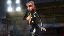 1girl 3d bodysuit breasts center_opening cleavage dead_or_alive dead_or_alive_5 domino_mask female_focus full-length_zipper hair_ornament honoka_(doa) large_breasts mask no_bra official_art pink_hair side_ponytail solo tecmo zipper