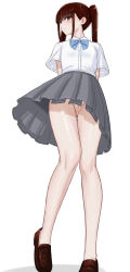 1girl arms_behind_back blue_bow blunt_bangs blush bow brown_eyes brown_hair censored cleft_of_venus collared_shirt commentary_request flat_chest from_below full_body gluteal_fold grey_skirt highres loafers long_hair looking_at_viewer mosaic_censoring mustee nape no_panties no_socks original partial_commentary pleated_skirt pussy school_uniform shirt shoes short_sleeves simple_background skirt solo standing summer_uniform turning_head twintails upskirt white_background white_shirt