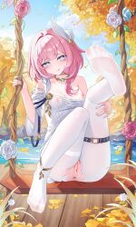 1girl absurdres anus bare_shoulders blue_eyes blue_sky breasts censored chinese_commentary commentary_request cyrene_(honkai:_star_rail) dress feet hair_ornament highres honkai:_star_rail honkai_(series) jndfh lake leg_up looking_at_viewer medium_hair mosaic_censoring multicolored_hair nipples on_swing outdoors pantyhose pink_hair pussy revision see-through_clothes see-through_dress sky small_breasts smile soles solo strap_slip swing swing_set thigh_strap thighs toes torn_clothes torn_pantyhose two-tone_hair variant_set water white_dress white_hair white_pantyhose wooden_floor