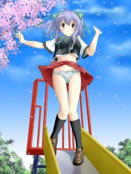Rule 34 | 1girl, :o, ahoge, arms up, black socks, blue panties, blue sky, blurry, blurry background, blush, bow, bow panties, brown eyes, brown shoes, cherry blossoms, clothes lift, female focus, from below, green bow, hair between eyes, hair bow, kneehighs, knees together feet apart, legs, looking at viewer, looking down, midriff, midriff peek, multicolored panties, multicolored shirt, multicolored underwear, navel, nikkeru suiso, open mouth, panties, park, pleated skirt, print clothes, print panties, print underwear, purple hair, red skirt, shirt, shoes, short sleeves, skirt, skirt lift, sky, slide, socks, solo, standing, striped bow, striped clothes, striped panties, tachibana isana, tagme, thighs, triangle mouth, underwear, upskirt, uwabaki, wind, wind lift, yumekui merry