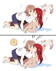2girls blue_eyes blush highres kiss long_hair love_live! love_live!_sunshine!! multiple_girls red_hair sakurauchi_riko shirt shorts simple_background watanabe_you white_background white_shirt yuri yuyu_(yuyunnm)