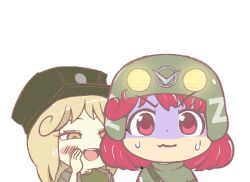 artist_request blonde_hair blush buhanka-chan combat_helmet combat_medic cross cross_necklace facing_viewer green_sweater gyate_gyate hat helmet jewelry long_hair marichka medium_hair military_hat necklace original red_cross red_eyes red_hair russo-ukrainian_war scared strap sweat sweater teasing transparent transparent_background turtleneck turtleneck_sweater whispering whispering_in_ear yellow_eyes