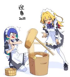 2025 2girls apron black_dress blonde_hair blue_hair bucket closed_eyes dress food highres kine long_hair long_sleeves maid maid_headdress mallet mochi mochitsuki multicolored_hair multiple_girls new_year on_one_knee open_mouth original pantyhose red_hair shaded_face short_sleeves standing sweat white_apron white_pantyhose wooden_bucket yachima_tana yachimata_kana