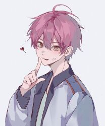 1boy 54anya ahoge blush cream cream_on_face finger_to_cheek food food_on_face green_shirt grey_background hair_between_eyes hand_up heart highres index_finger_raised jacket li_tianchen long_sleeves looking_at_viewer male_focus open_clothes open_jacket open_mouth pink_hair red_eyes shiguang_dailiren shirt short_hair simple_background smile solo tongue tongue_out upper_body white_background white_jacket