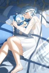 Rule 34 | 1girl, absurdres, ahoge, alternate costume, animal, animal hug, barefoot, blue hair, closed eyes, closed mouth, commentary request, eyelash ornament, foot out of frame, furina (genshin impact), genshin impact, head on pillow, heart, heart-shaped pillow, highres, indoors, long sleeves, lying, multicolored hair, nibimaro, nightgown, on bed, on side, pillow, short hair, sleeping, streaked hair, surintendante chevalmarin, white nightgown, window shadow