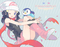 1girl ;d bare_arms bare_shoulders beanie bird black_hair black_shirt black_socks blue_eyes blush boots commentary_request convenient_censoring creatures_(company) dawn_(pokemon) eyelashes game_freak gen_4_pokemon hair_ornament hairclip hat heart highres kneehighs knees_up medium_hair nago_celica nintendo one_eye_closed open_mouth own_hands_together penguin pink_boots pink_skirt piplup pokemon pokemon_(creature) pokemon_dppt red_scarf scarf shirt skirt sleeveless sleeveless_shirt smile socks white_hat