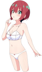 Rule 34 | 1girl, aikawa ryou, amate yuzuriha, bare arms, bare shoulders, blue eyes, blush, bow, bow bra, bow panties, bra, breasts, cleavage, collarbone, commentary request, cropped legs, finger to cheek, gundam, gundam gquuuuuux, hair between eyes, hand up, highres, looking at viewer, medium breasts, panties, parted lips, red hair, short hair, simple background, solo, underwear, underwear only, white background, white bra, white panties