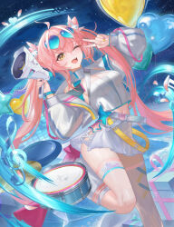 1girl ahoge balloon belt breasts chinese_commentary cleavage commentary_request crop_top crop_top_overhang drum drum_set eyewear_on_head hands_up heart heart-shaped_eyewear heart_balloon highres holding holding_megaphone instrument jacket kneehighs leg_up long_hair long_sleeves looking_at_viewer medium_breasts megaphone midriff miniskirt nail_polish navel off_shoulder one_eye_closed open_clothes open_jacket open_mouth original pink_hair pleated_skirt shirt side_slit skirt sleeveless sleeveless_shirt smile socks solo star_(symbol) sunglasses thigh_strap thighs twintails v very_long_hair white_jacket white_shirt white_skirt white_socks yellow_eyes yizhibao