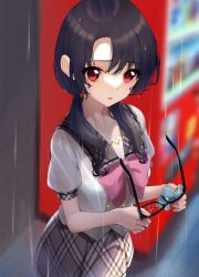 1girl :o absurdres black-framed_eyewear black_hair blurry blurry_background bow bowtie depth_of_field glasses highres holding holding_removed_eyewear idolmaster idolmaster_million_live! looking_at_viewer megurumiru outdoors pink_bow pink_bowtie plaid_clothes plaid_skirt pleated_skirt puffy_short_sleeves puffy_sleeves rain red_eyes school_uniform short_sleeves skirt solo takayama_sayoko twintails unworn_eyewear vending_machine water_drop wet wet_clothes wet_hair wiping