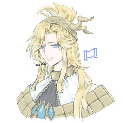 Rule 34 | 1boy, artist name, blonde hair, blue eyes, commentary, cropped shoulders, final fantasy, final fantasy xiv, highres, long hair, looking at viewer, male focus, saku ff11, sidelocks, simple background, smile, solo, symbol-only commentary, thaliak, white background