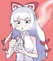 1girl black_eyes blush bong bottle bow breasts chinese_commentary collared_shirt commentary_request cookie_(touhou) drugs empty_eyes fujiwara_no_mokou hair_bow holding holding_bottle holding_lighter large_breasts lighter long_hair looking_down mukenkairou multiple_hair_bows open_mouth pink_background red_bow shirt simple_background sleeveless sleeveless_shirt smoke solo touhou upper_body v-shaped_eyebrows white_bow white_hair white_shirt yukiya_ryuu