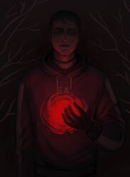 1boy afraid_of_monsters bags_under_eyes bare_tree black_eyes black_hair black_hoodie blank_stare cellar_art david_leatherhoff dim_lighting highres hole_in_chest hole_on_body hood hood_down hoodie orb print_hoodie scar scar_on_face short_hair solo tree upper_body