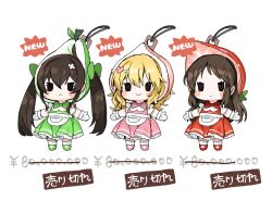 3girls :&gt; :&lt; :| a-pose ad apron black_hair blonde_hair blush_stickers bow brown_hair character_charm charm_(object) chibi chibi_only closed_mouth commentary_request cowlick dress english_text flower_hairpin food fruit fruit_costume gloves green_bow green_dress hair_ornament heart heart_hair_ornament highres idolmaster idolmaster_cinderella_girls jitome long_hair matoba_risa momopearberry_(idolmaster) multiple_girls peach peach_slice pear_slice pink_bow pink_dress red_bow red_dress sakurai_momoka sidelocks smile spawnfoxy strawberry strawberry_slice tachibana_arisu translated twintails waist_apron white_trim