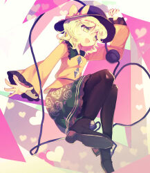 1girl arm_up black_hat black_pantyhose black_shoes bow breasts collared_shirt commentary_request floral_print frilled_shirt_collar frilled_skirt frilled_sleeves frills full_body green_eyes green_hair green_skirt hair_between_eyes hat hat_bow heart heart_in_eye heart_of_string komeiji_koishi long_sleeves medium_hair open_mouth pantyhose print_skirt rose_print shirt shoes skirt small_breasts smile solo symbol_in_eye third_eye touhou tsukikusa yellow_hat yellow_shirt