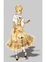 1girl bare_shoulders black_shirt blonde_hair blue-framed_eyewear blue_choker boots border braid brown_gloves buttons cat_princess chain chain_necklace chinese_commentary choker closed_mouth collarbone collared_vest commentary_request diamond_button elbow_gloves flower full_body fur_shawl game_screenshot_inset gloves grey_background hair_flower hair_ornament hairclip half_up_braid hand_on_own_thigh happy high_heel_boots high_heels highres infinity_nikki jewelry layered_skirt light_blush lipstick long_skirt makeup necklace nikki_(series) pendant pillarboxed pink_lips pleated_skirt ponytail see-through_skirt_layer shadow shawl shirt short_hair short_ponytail skirt smile solo standing strapless strapless_shirt sunglasses tinted_eyewear triangular_eyewear updo vest white_boots white_border white_flower white_shawl yellow-tinted_eyewear yellow_skirt yellow_vest