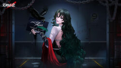 1girl ass backless_bodysuit bird black_bird black_bodysuit bodysuit chain character_name copyright_name cowboy_shot crow curly_hair eyeshadow from_behind gauntlets green_eyes green_hair hand_up highres holding holding_quill holding_sign holding_unworn_clothes indoors jacket logo long_hair looking_at_viewer looking_back makeup mugshot official_art official_wallpaper path_to_nowhere prison_cell prison_clothes purple_eyeshadow purple_lips quill raven_(path_to_nowhere) red_jacket sign single_gauntlet smile solo turning_head two-tone_bodysuit unworn_jacket very_long_hair white_bodysuit
